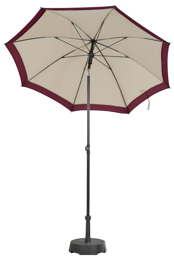 Beige-farbener Terrassenschirm mit bordeauxroten Kanten auf einem schwarzen Mittelmast und gewichteter Basis, geöffnet auf weißem Hintergrund dargestellt.