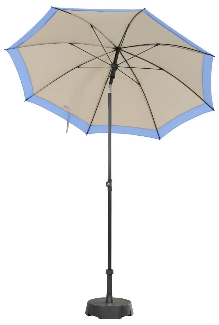 Blau-beiger Sonnenschirm für die Terrasse mit schwarzem Mast und Fuß, geöffnet vor einem weißen Hintergrund.