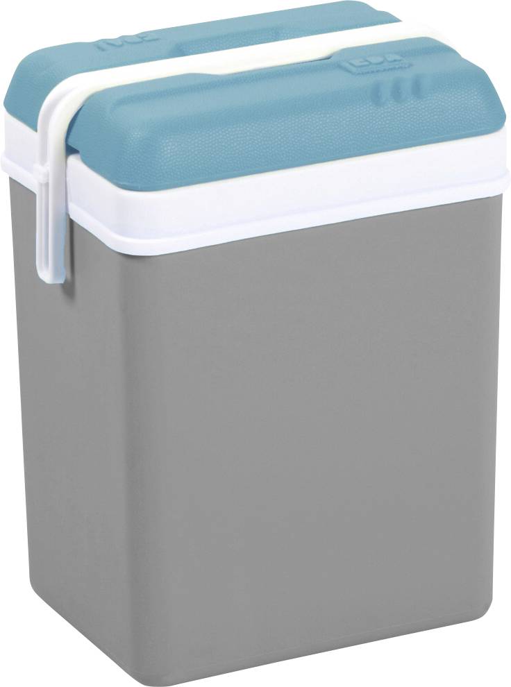 Tragbarer blau-weiß gestreifter Kühlbehälter oder Lunchbox mit grauem Korpus und weißem Tragegriff, abgebildet vor einem einfachen weißen Hintergrund.