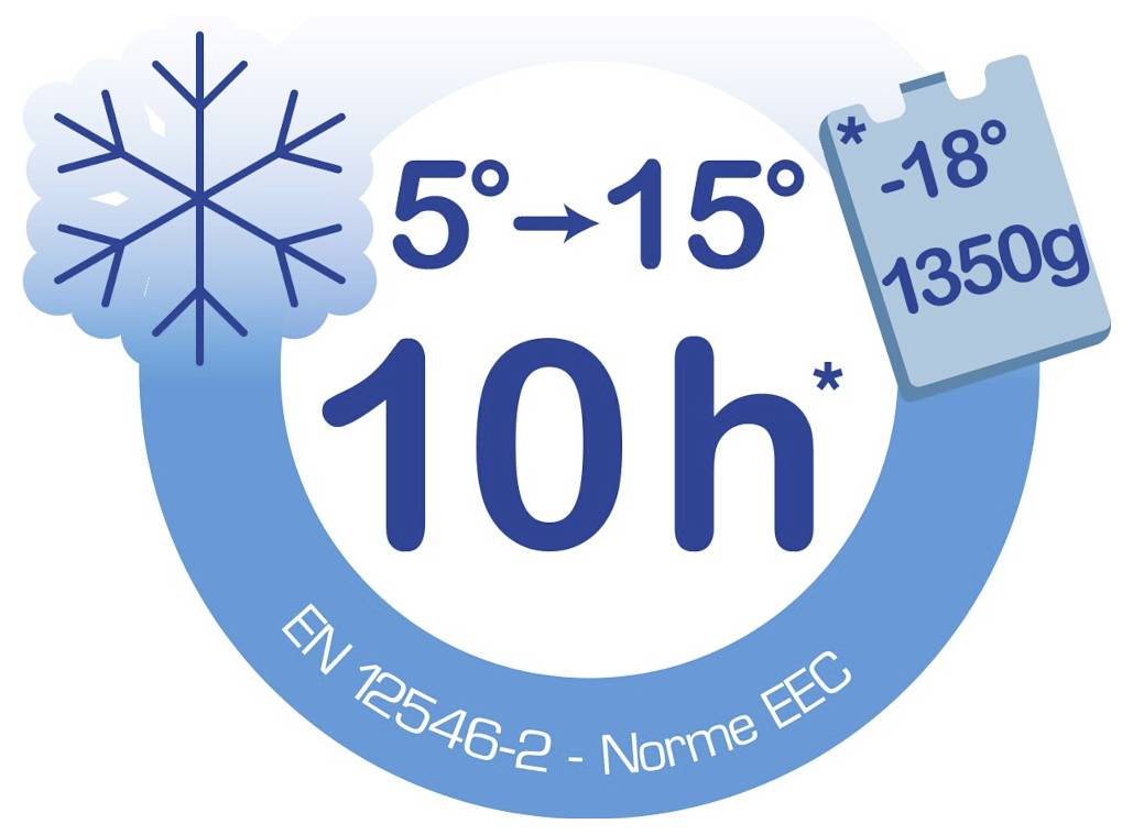 Produktetikett mit Gefrierlagerung für 10h bei 5° bis 15°, mit Schneeflocken-Symbol und -18° und 1350g Markierung