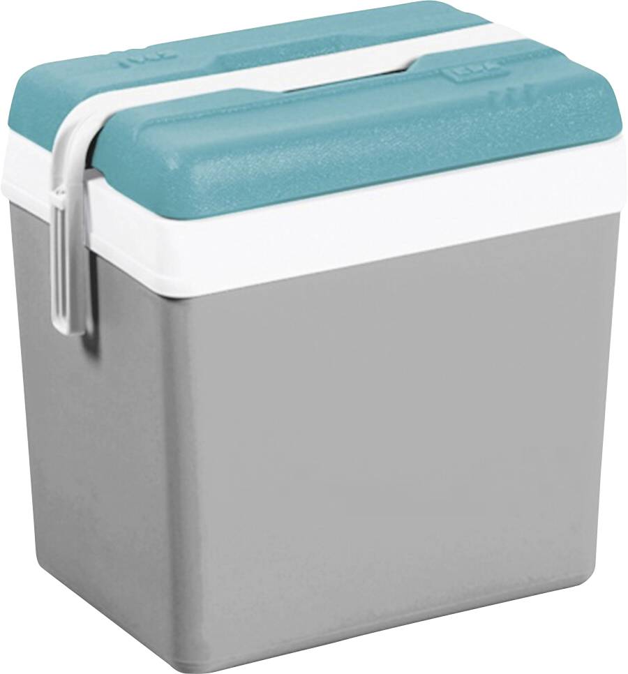 Tragbare isolierte Kühlbox mit Deckel in Blaugrün, weißer Zierleiste, grauem Gehäuse und Tragegriff.