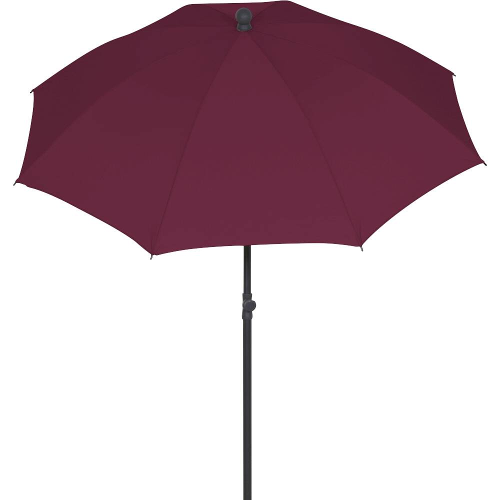 Burgunderroter Regenschirm mit schwarzem Griff und Schaft, geöffnet vor weißem Hintergrund dargestellt.