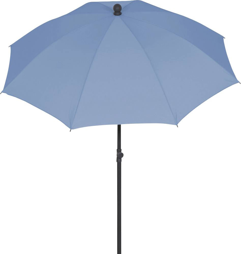 Hellblauer Regenschirm mit schwarzem Griff und Schaft, geöffnet vor weißem Hintergrund dargestellt.