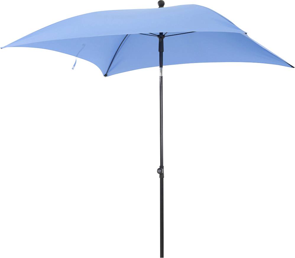 Blauer Terrassenschirm mit schwarzem Mast, geöffnet vor einem schlichten weißen Hintergrund.