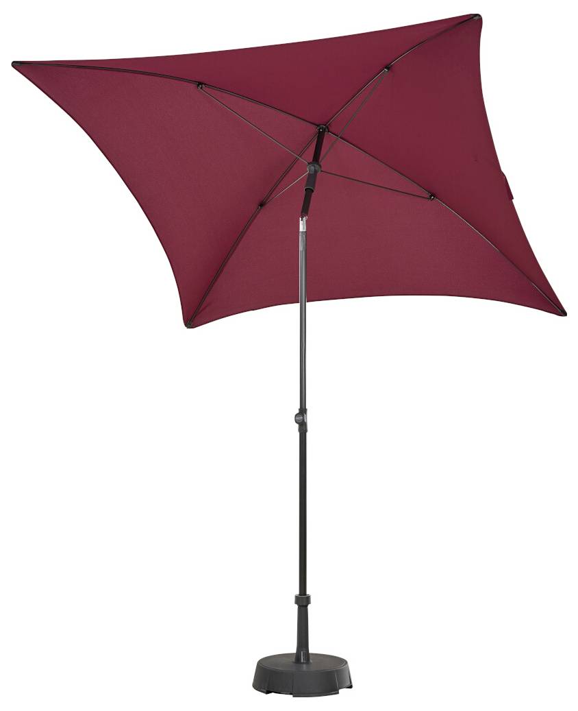 Roter Kragarmschirm für die Terrasse mit schwarzem Mast und gewichteter Basis auf weißem Hintergrund.
