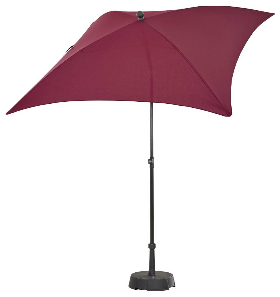 Roter Terrassenschirm mit schwarzem Ständer auf weißem Hintergrund.