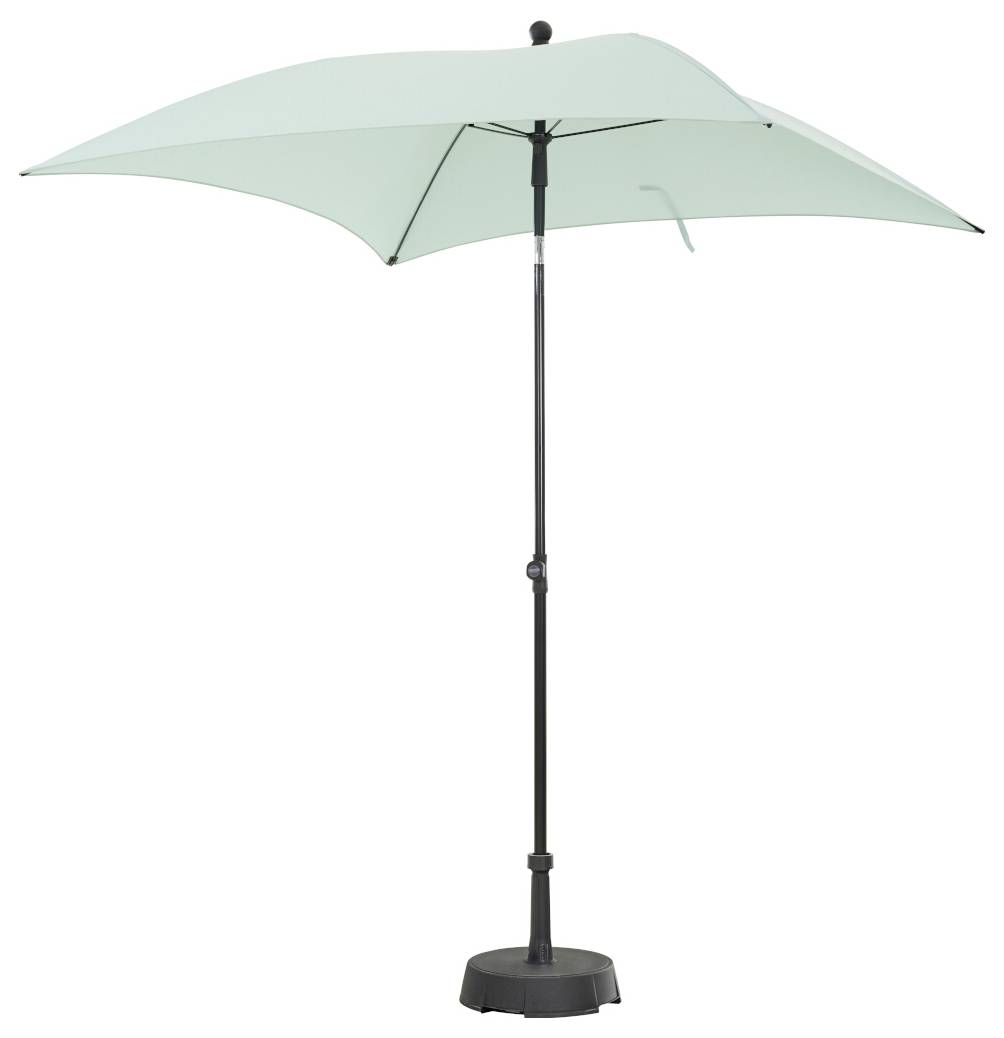 Mintgrüner Kragarm-Terrassenschirm mit schwarzem Mast und gewichteter Basis, geöffnet vor einem einfachen weißen Hintergrund dargestellt.