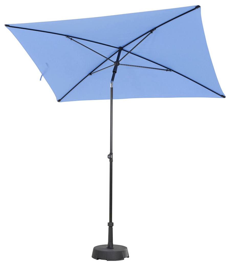 Blauer quadratischer Terrassenschirm auf schwarzem Ständer vor weißem Hintergrund.