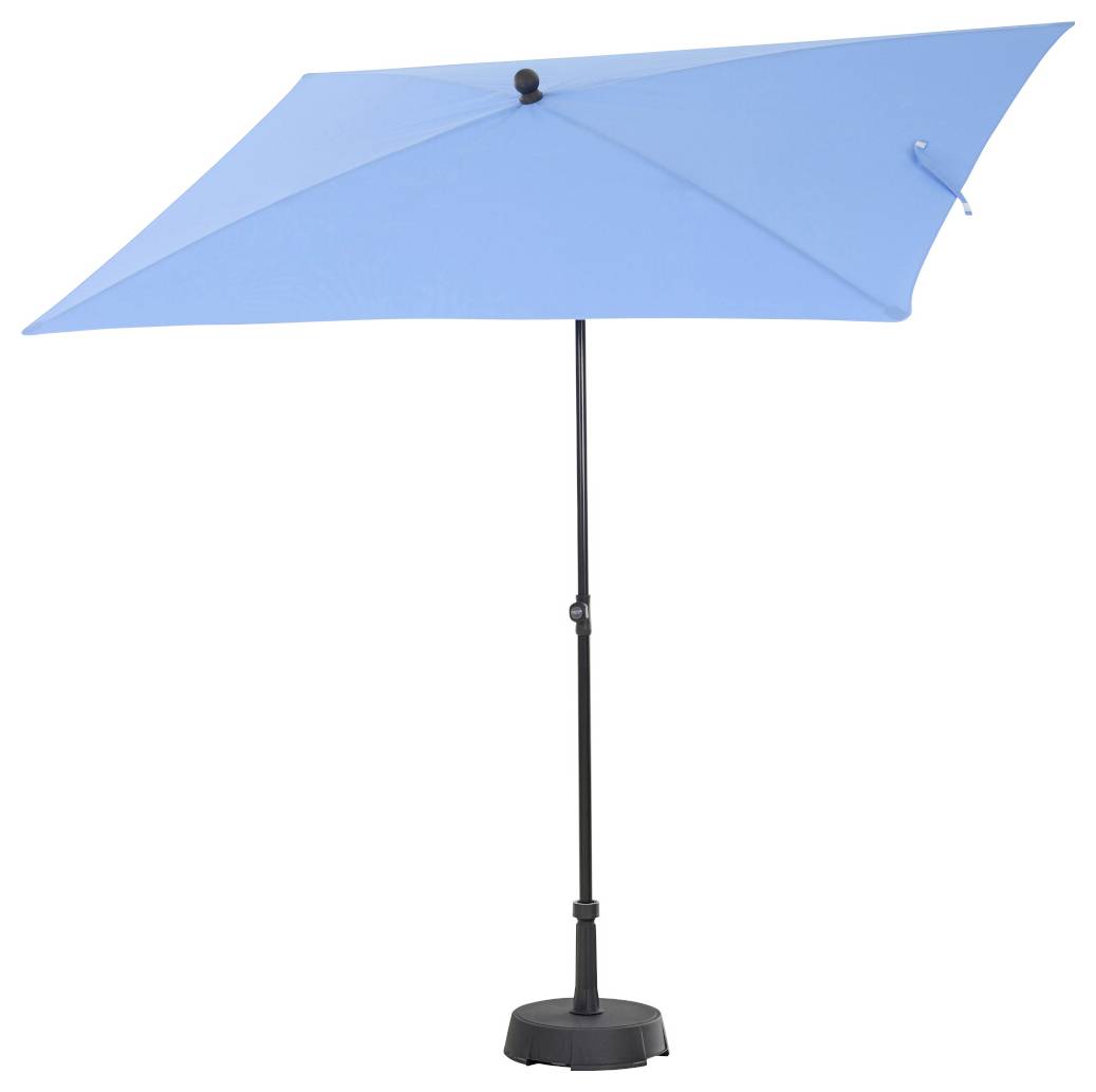 Blauer Terrassenschirm mit schwarzem Ständer und Fuß auf einfachem weißem Hintergrund.