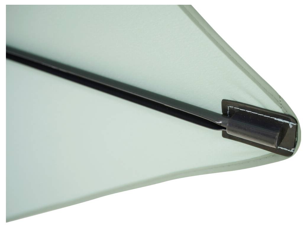 Nahaufnahme einer durchscheinenden mattgefrosteten Glas- oder Kunststoffplatte mit einer schwarzen Metallstützstange und einer Eckhalterung an der rechten Kante.
