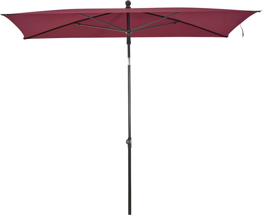 Roter Terrassenschirm mit schwarzem Mittelmast auf einfachem weißem Hintergrund.