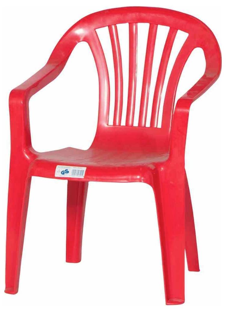 Roter Kunststoffstuhl mit gekrümmter Rückenlehne und Lamellenbauweise auf weißem Hintergrund.