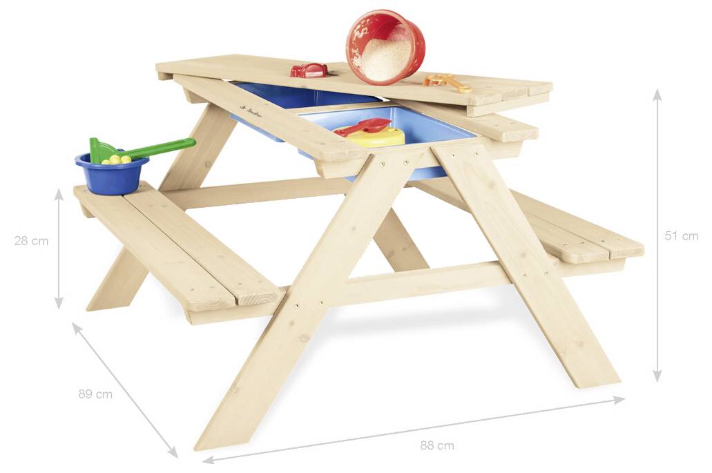 Holztisch für Kinderpicknicks mit integrierten Bänken und Spielzubehör, dargestellt mit den Abmessungen 88 cm breit, 89 cm tief und 51 cm hoch.