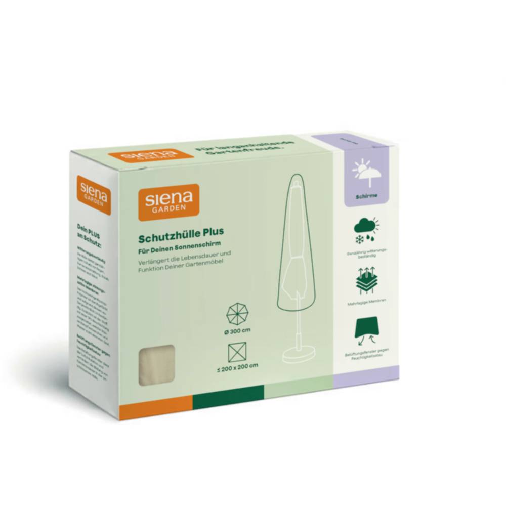 Verpackung für Siena Garden 'Schutzhülle Plus' Sonnenschirmabdeckung, dargestellt in einer grün-weißen Schachtel mit Produktabbildung und Symbolen für wetterbeständige Eigenschaften.
