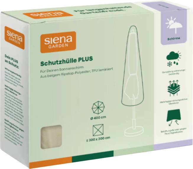 Verpackung für 'siena GARDEN Schutzhülle PLUS' Sonnenschirmabdeckung, zeigt beige Abdeckung für Sonnenschutz und Witterungsbeständigkeit, passt für Sonnenschirme bis 400 cm oder 300 x 300 cm.