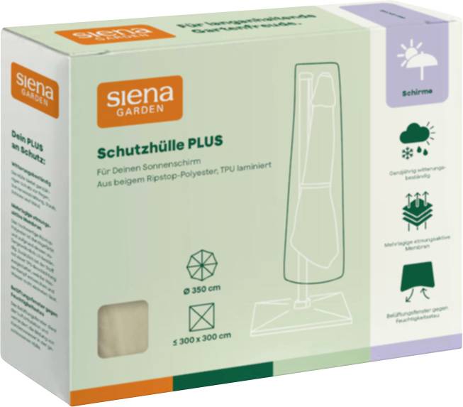 Karton der Siena Garden Schutzhülle Plus, eine Schutzabdeckung für einen Sonnenschirm, dargestellt mit Produktabbildungen und Funktionssymbolen.