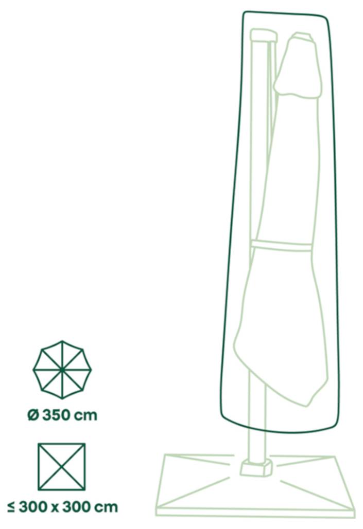 Diagramm eines geschlossenen Terrassenschirms auf einer quadratischen Basis mit angezeigten Größenbeschränkungen: 350 cm Durchmesser und eine Grundfläche von bis zu 300 x 300 cm.