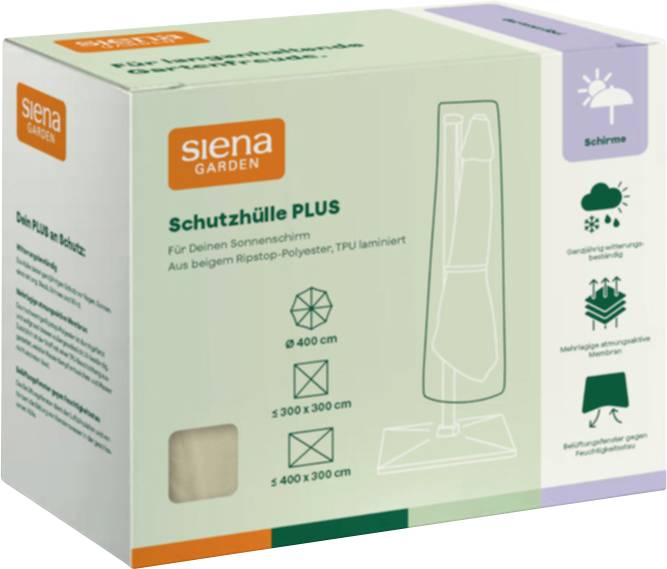 Karton Siena Garden 'Schutzhülle PLUS' Terrassenschirmhülle, beige Ripstop-Polyester mit TPU-Laminierung, passt auf Schirme bis 400 cm und 300x300 cm oder 400x300 cm.