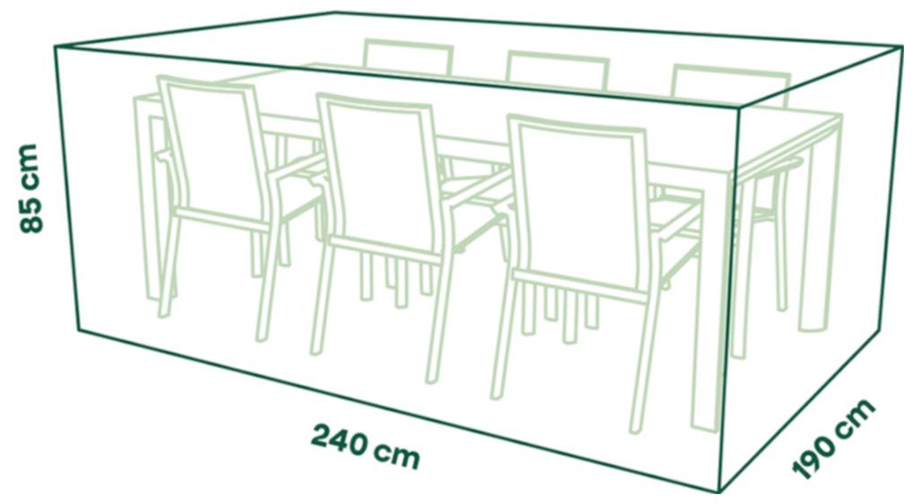 Diagramm eines rechteckigen Esstisches mit sechs Stühlen, das die Abmessungen zeigt: 240 cm lang, 190 cm breit und 85 cm hoch.