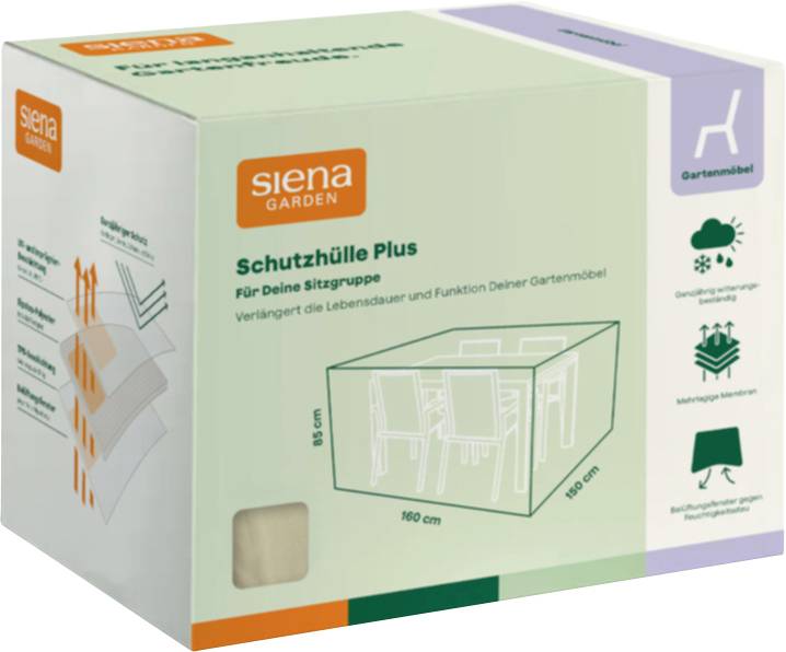 Karton der Siena Garden 'Schutzhülle Plus' für Gartenmöbel, zeigt eine Schutzabdeckung für Gartensitzplätze mit den Abmessungen 160 cm, 90 cm und 85 cm.