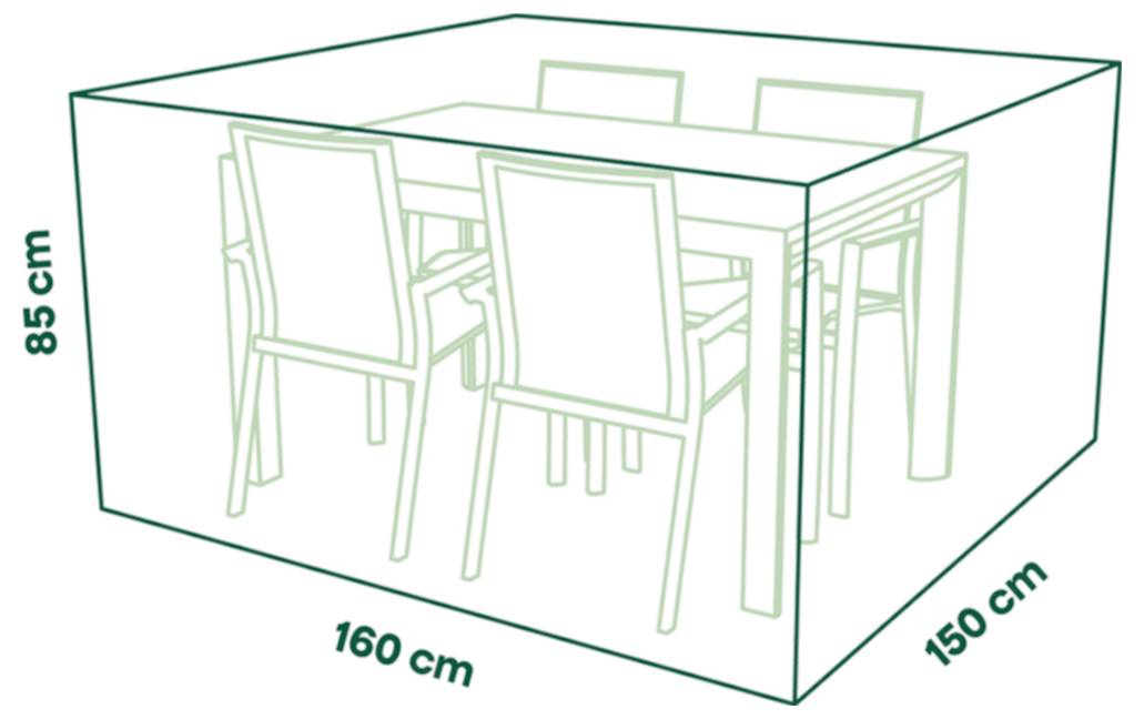 Diagramm eines Esstisches mit Stühlen mit den folgenden Abmessungen: 160 cm lang, 150 cm breit und 85 cm hoch.