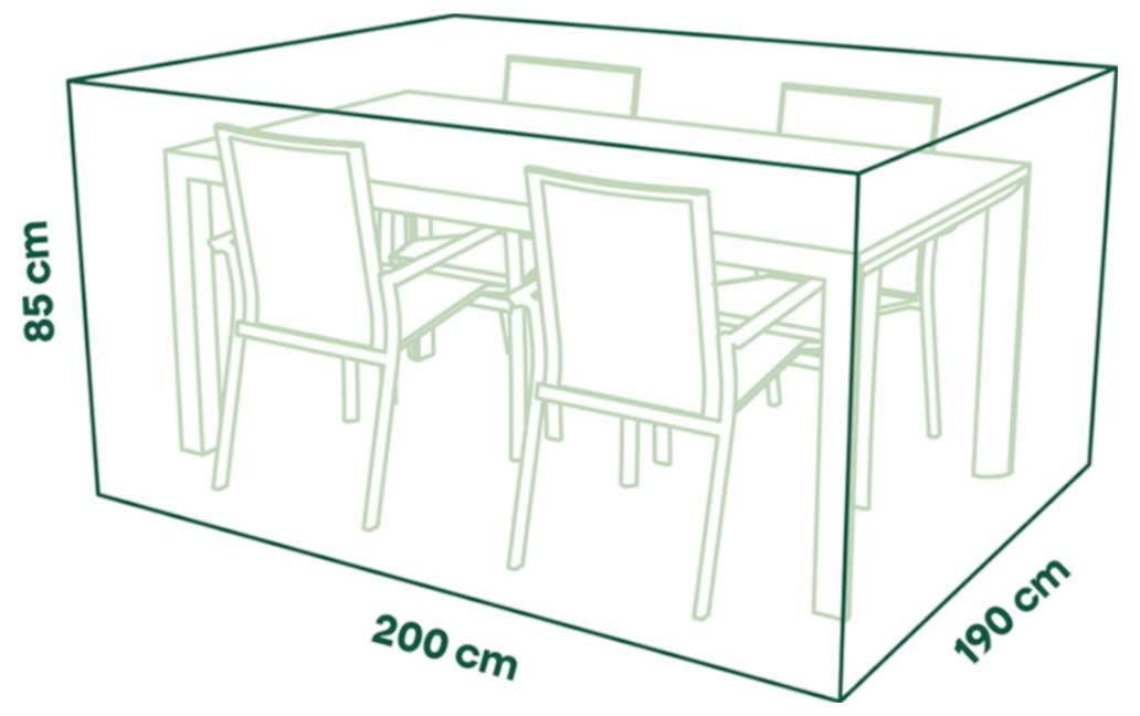 Strichzeichnung eines rechteckigen Esszimmersets in einer Schutzabdeckung, mit den Abmessungen 200 cm Länge, 190 cm Breite und 85 cm Höhe.