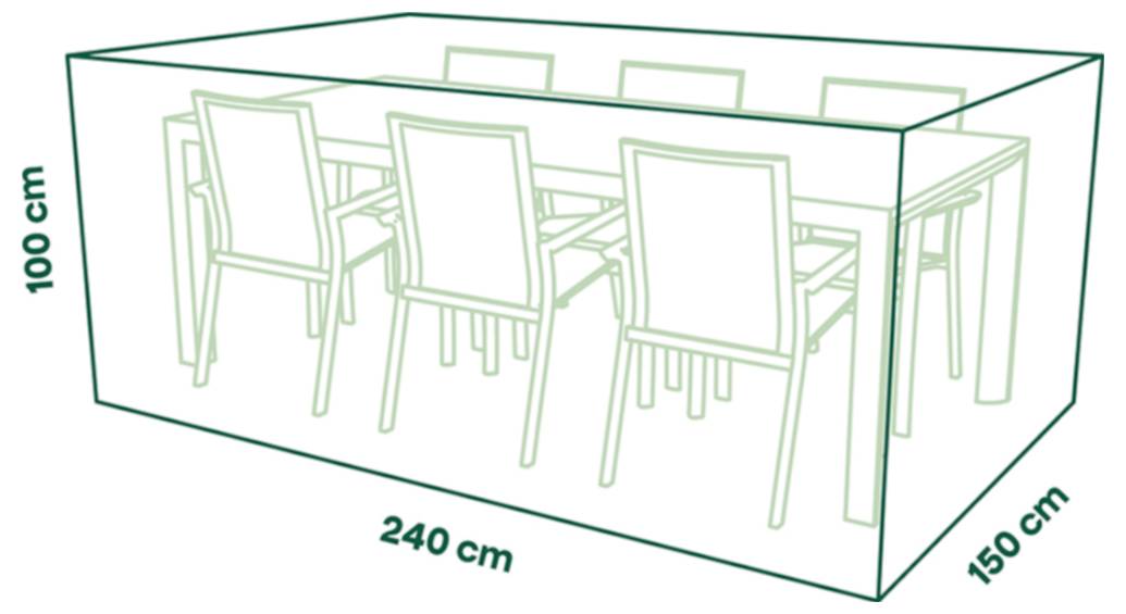 Diagramm eines rechteckigen Raums oder einer Überdachung im Freien mit Tisch und sechs Stühlen, gekennzeichnet mit 240 cm Länge, 150 cm Breite und 100 cm Höhe.