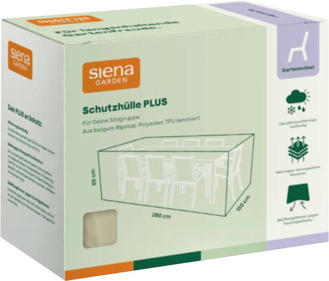 Karton für 'siena GARDEN' Schutzhülle PLUS Gartenstuhlabdeckung, mit Produktabbildung, Abmessungen und wetterfesten Eigenschaften.