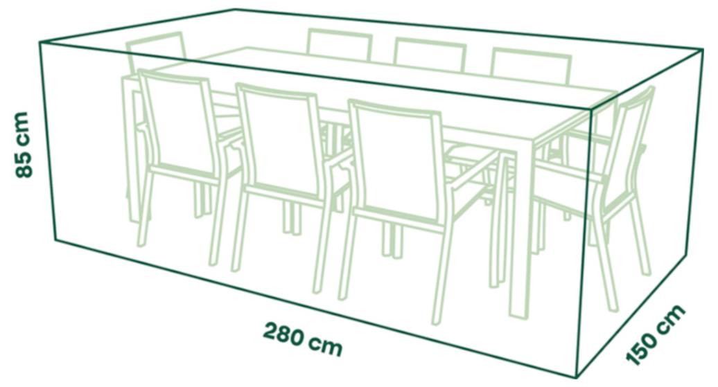 Diagramm eines rechteckigen Esszelt oder einer Markise, mit einer Länge von 280 cm, einer Breite von 150 cm und einer Höhe von 85 cm, das einen Tisch mit Stühlen umschließt.