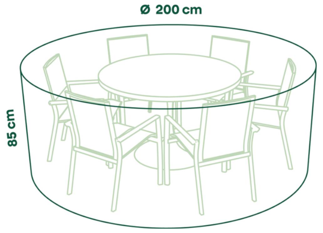 Diagramm eines runden Tisches und sechs Stühle in einer Schutzabdeckung, gekennzeichnet mit 200 cm Durchmesser und 85 cm Höhe.