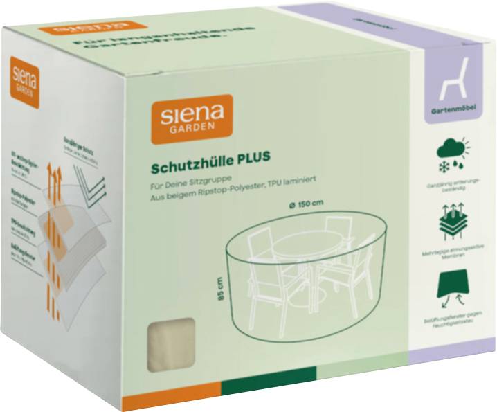 Produktkarton für Siena Garden 'Schutzhülle PLUS' Möbelabdeckung, zeigt eine runde Schutzhülle für Gartenstühle/Tisch, 150 cm breit und 85 cm hoch.