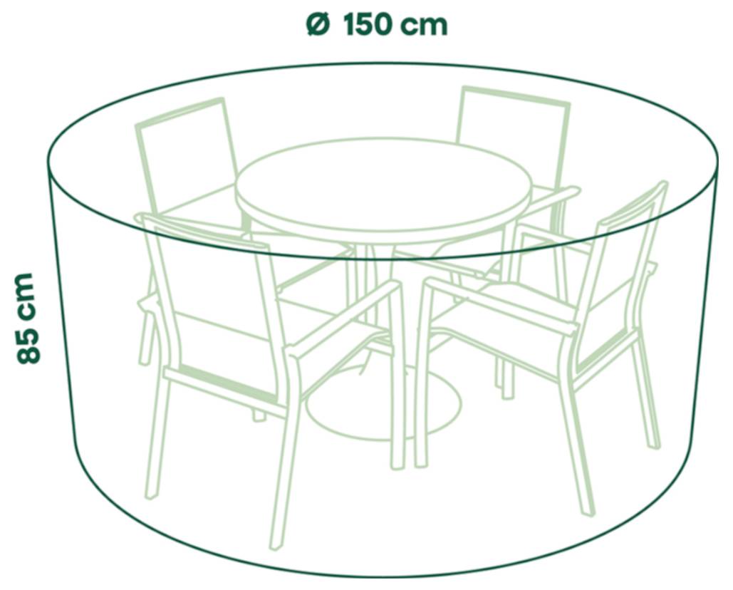 Diagramm, das einen runden Terrassentisch mit vier Stühlen in einem kreisförmigen Raum zeigt, mit einer Breite von 150 cm und einer Höhe von 85 cm gekennzeichnet.
