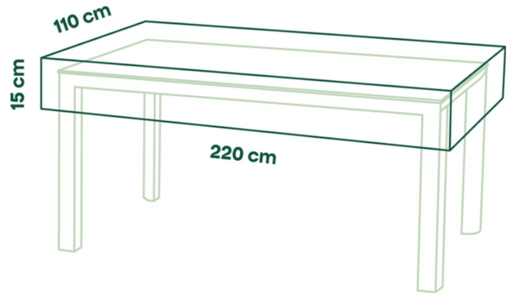 Diagramm eines rechteckigen Tisches mit Abmessungen: 220 cm lang, 110 cm breit und 15 cm hoch.
