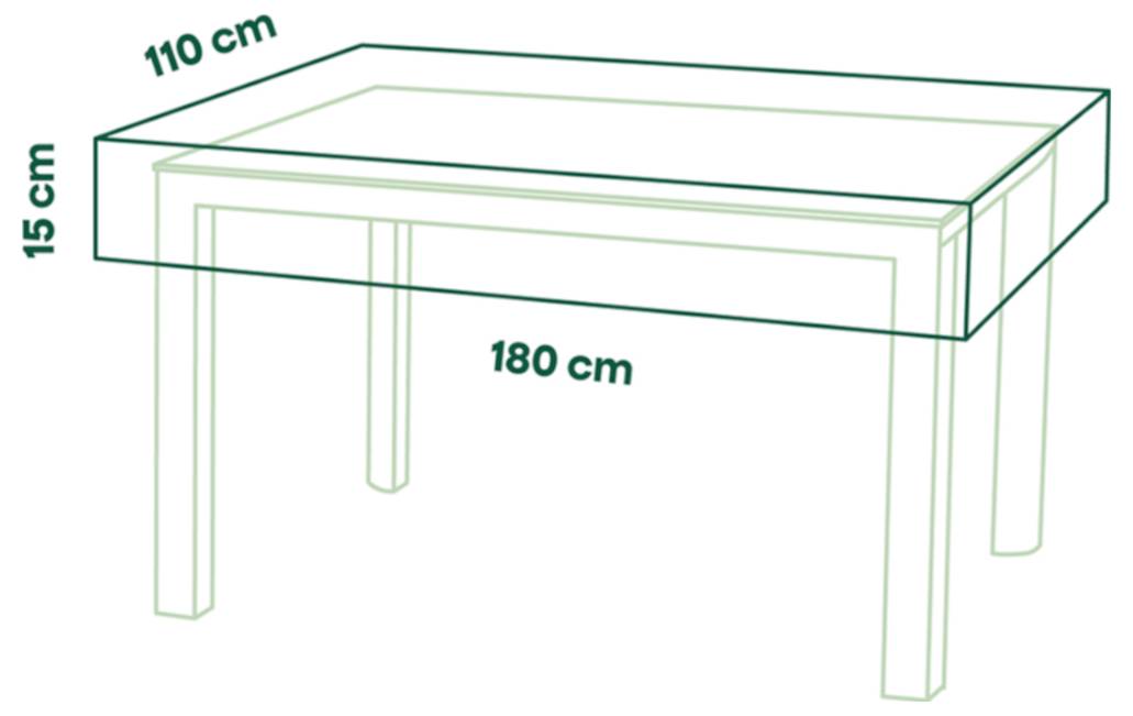 Diagramm eines rechteckigen Tisches mit Abmessungen: 180 cm Länge, 110 cm Breite und 75 cm Höhe.