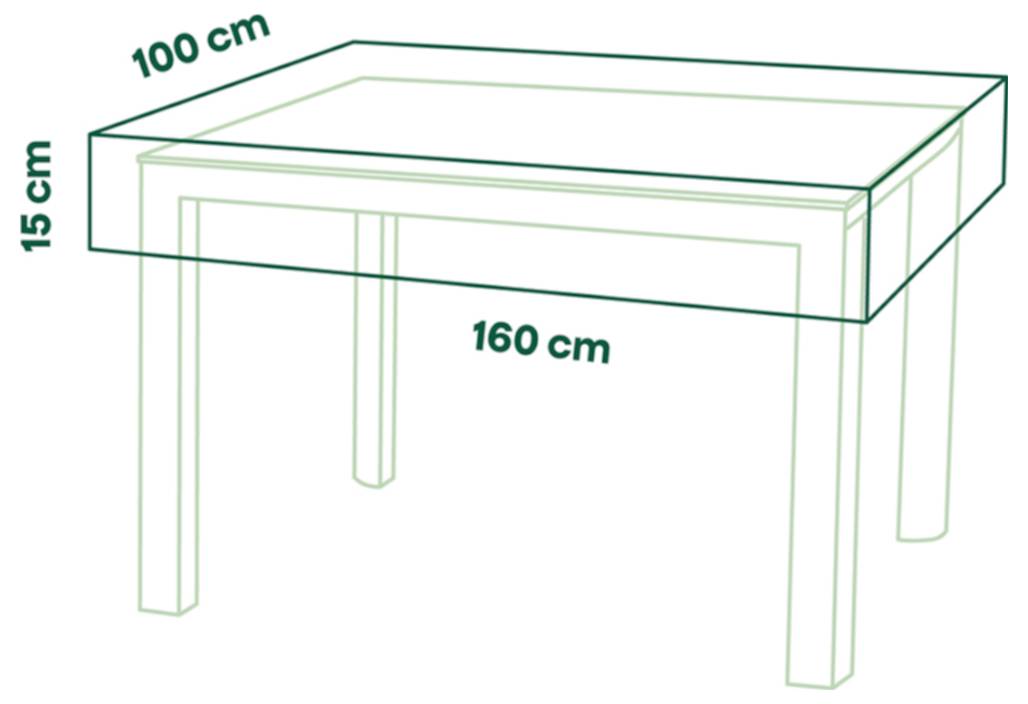 Diagramm eines rechteckigen Tisches mit den Abmessungen: 160 cm Länge, 100 cm Breite und 75 cm Höhe.