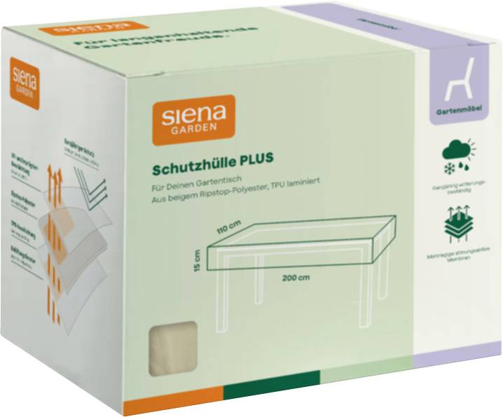 Schutzhülle PLUS für Siena GARDEN Gartenmöbel in einer Box mit einer Abdeckung für Tische in der Größe von etwa 200 x 110 x 75 cm und Wettersiegel-Symbolen.