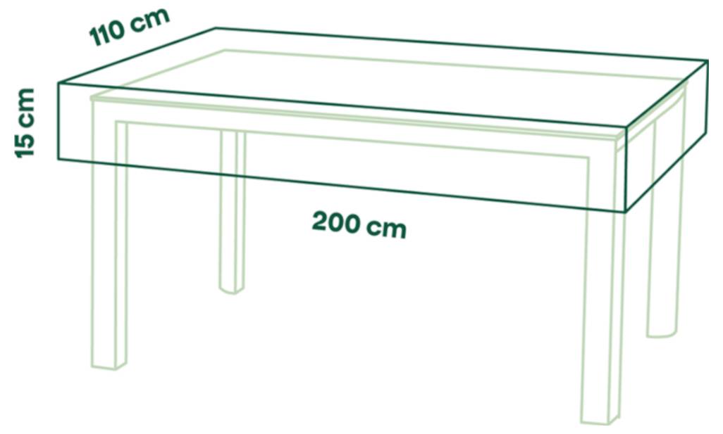 Diagramm eines rechteckigen Tisches mit den Maßen 200 cm Länge, 110 cm Breite und 15 cm Höhe.