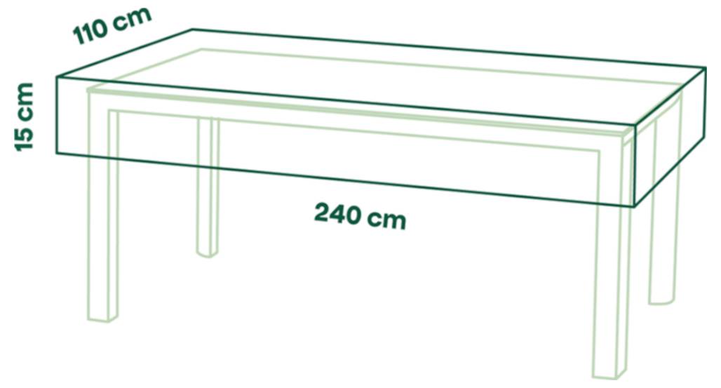 Diagramm eines rechteckigen Tisches mit beschrifteten Abmessungen: 240 cm lang, 110 cm breit und 15 cm hoch.