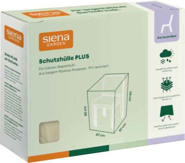 Produktverpackung für Siena Garden 'Schutzhülle PLUS' Pflanzenschutz, mit Größendiagramm und Wetterschutz-Symbolen auf der Verpackung.
