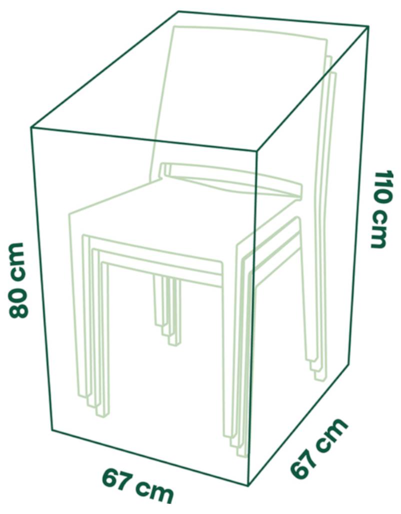Maßstabsgerechte Linienzeichnung eines verschachtelten Stuhls in einer Box, die Verpackungsgröße von 67 cm x 67 cm x 110 cm zeigend.