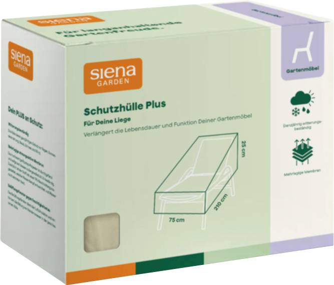 Schachtel der 'siena GARDEN Schutzhuelle Plus' Terrassenstuhl-Schutzhülle, gezeigt mit Produktdiagramm und Abmessungen 75 cm breit, 190 cm lang, 90 cm hoch.