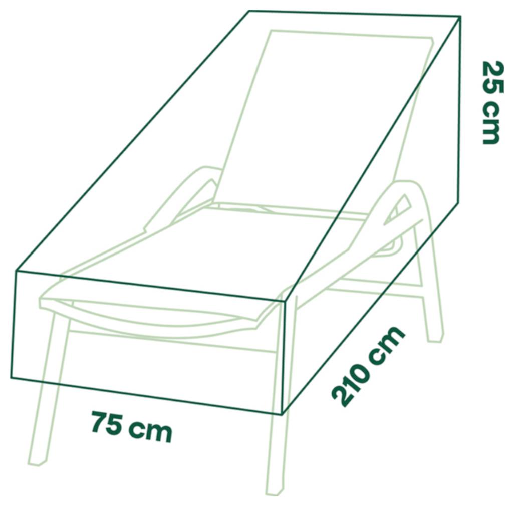 Diagramm, das die Abmessungen einer Liegestuhlabdeckung oder eines Kastens zeigt: 75 cm breit, 210 cm lang und 25 cm hoch.