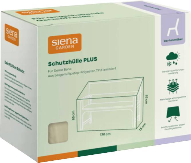 Produktkarton für 'siena GARDEN' Schutzhülle PLUS, eine Schutzabdeckung für eine Bank, mit den Abmessungen 130 cm x 75 cm x 65 cm und Funktionssymbolen.