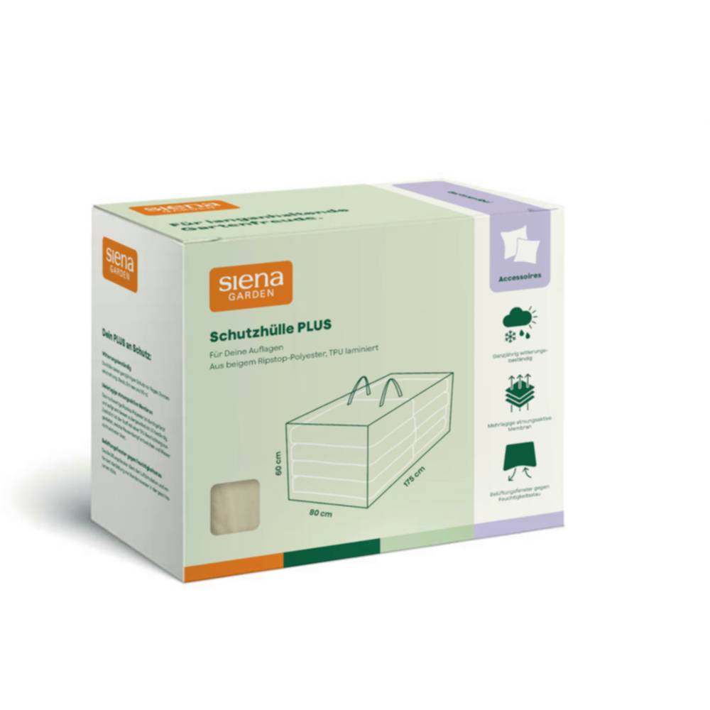 Schachttel der Siena Garden 'Schutzhülle Plus' Schutzabdeckung für ein erhöhtes Hochbeet, mit Produktabbildung und Abmessungen.