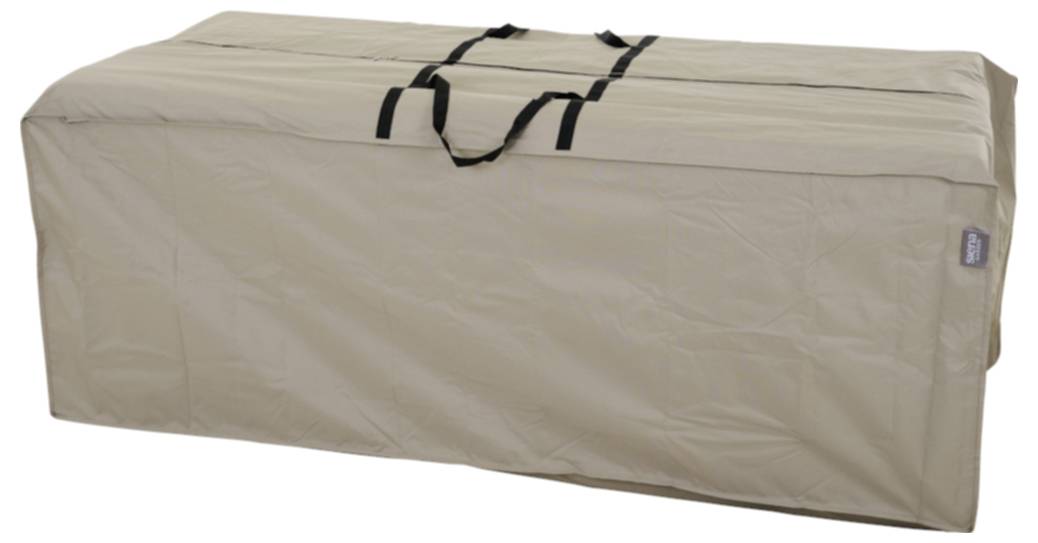 Beige rechteckige Aufbewahrungs- oder Kleidertasche mit schwarzen Griffen, auf weißem Hintergrund gezeigt.