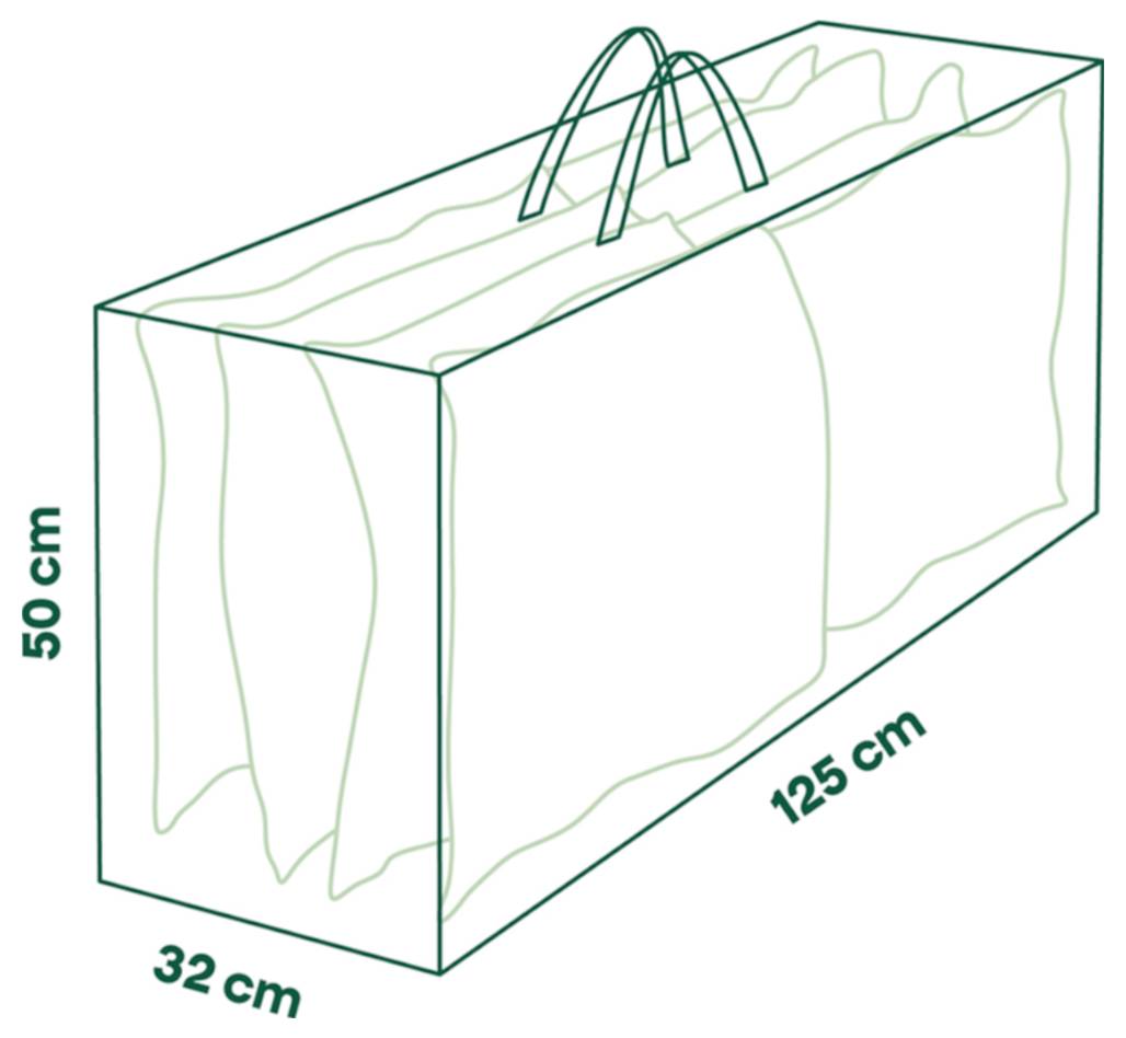 Diagramm einer Aufbewahrungstasche oder Schutzhülle mit den Abmessungen 125 cm lang, 50 cm hoch und 32 cm breit, dargestellt mit Griffen oben.