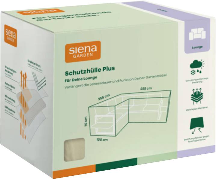 Produktbox für Siena Garden 'Schutzhülle Plus' Lounge-Möbelabdeckung mit den Abmessungen 255 cm x 255 cm x 100 cm und 70 cm Höhe.