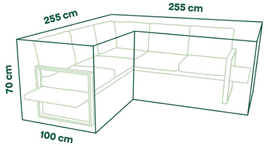 3D-Linienzeichnung eines L-förmigen Sofas mit den Abmessungen 255 cm x 255 cm, 100 cm Tiefe und 70 cm Höhe.