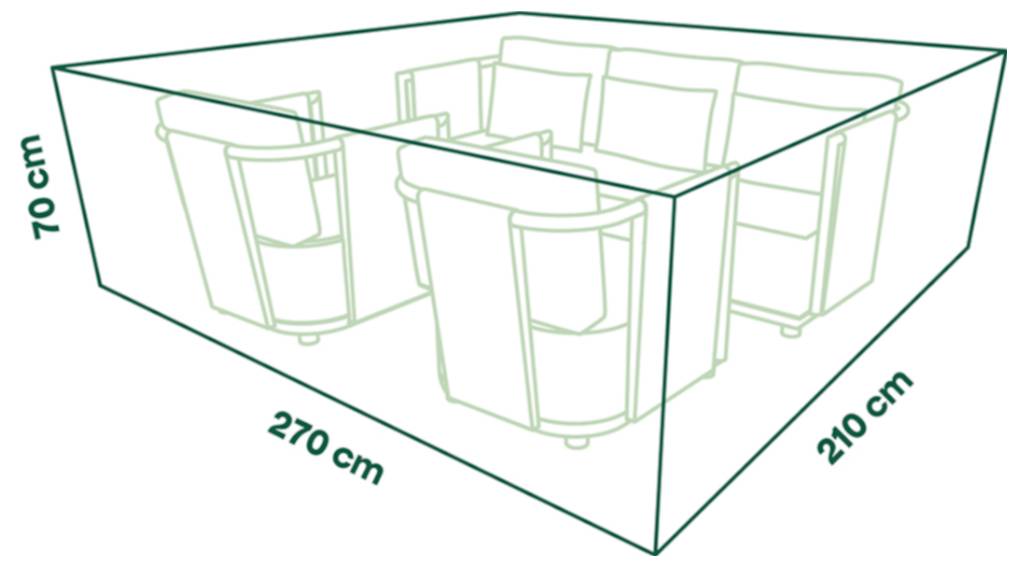 Diagramm eines rechteckigen Gehäuses mit den Maßen 270 cm x 210 cm und einer Höhe von 70 cm, das mehrere im Inneren angeordnete Sofa- und Sesselbereiche enthält.
