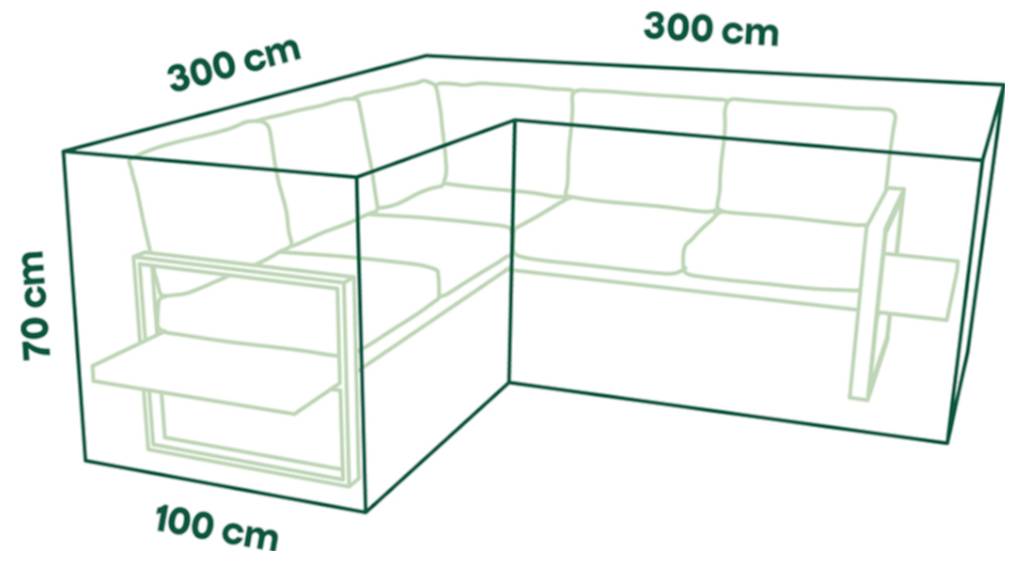 L-förmiges Ecksofa-Diagramm mit Abmessungen: 300 cm lang auf beiden Seiten, 100 cm tief und 70 cm hoch.
